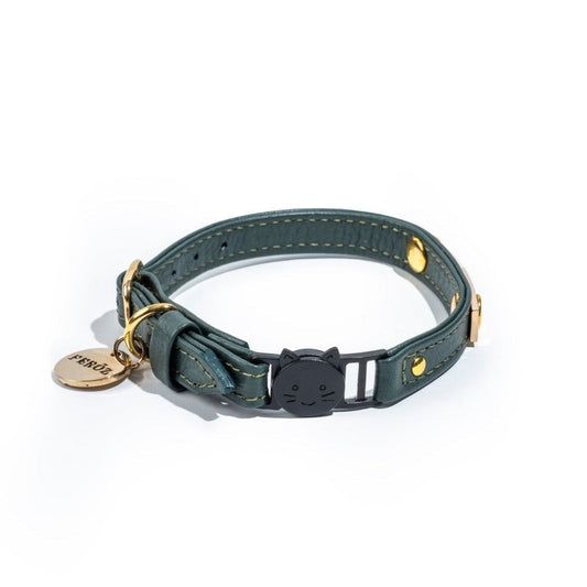 Collar Gato Cuero Verde Pino